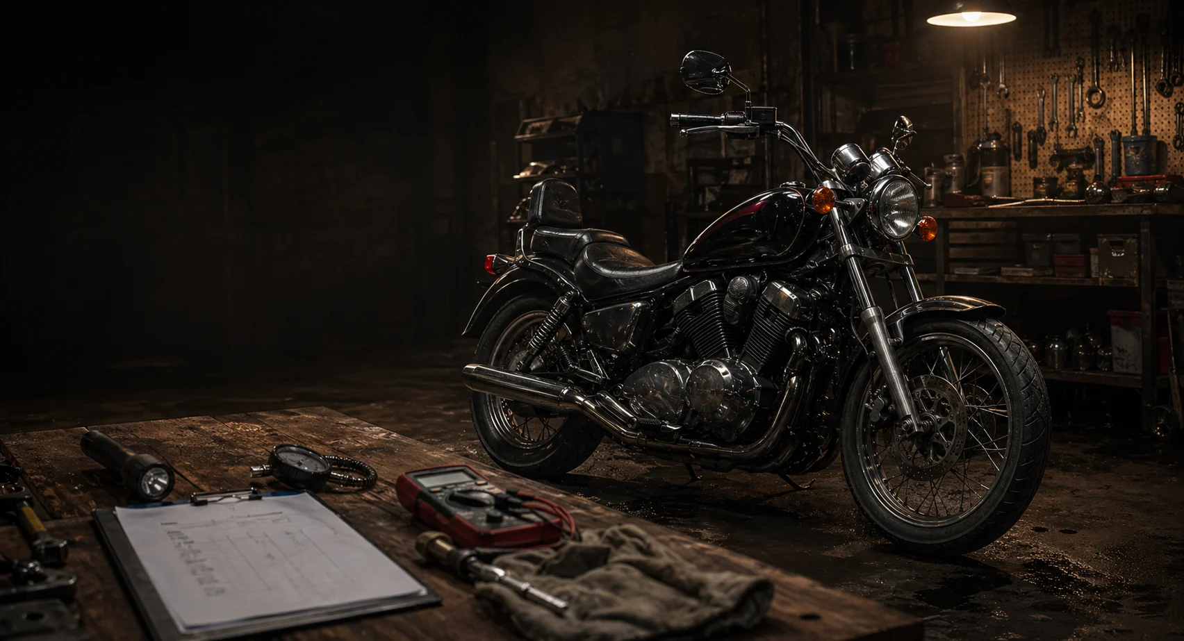 Koncepcyjna ilustracja oględzin Yamaha XV750 Virago w garażu