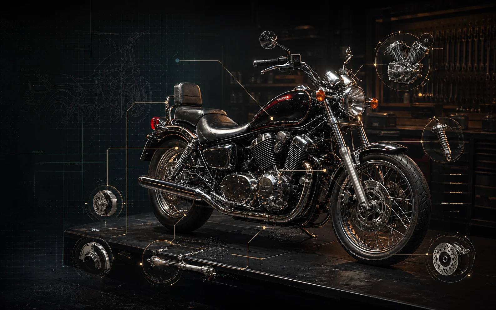 Koncepcyjna ilustracja techniczna Yamaha XV750 Virago z liniami callout